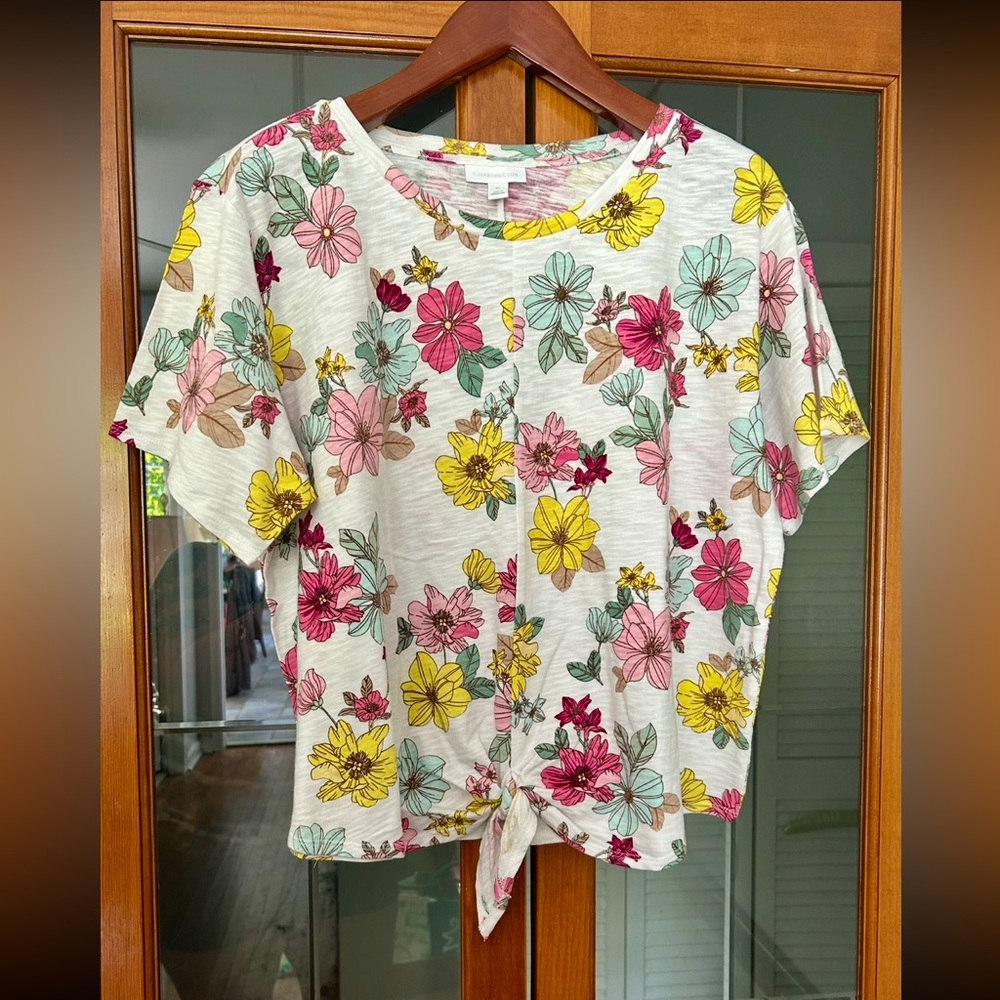 Charter Club Multicolor Floral Knot-Front Top